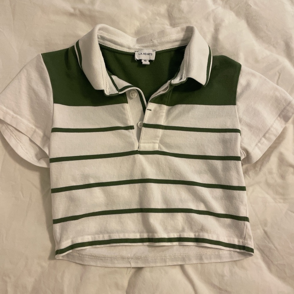 PacSun Green and White Striped Cropped Polo